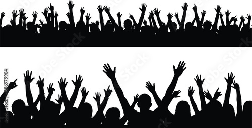 Large cheering crowd silhouette with raised hands showing celebration unity and audience excitement isolated on white background for concert festival event illustration design