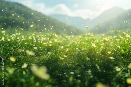 Vibrant meadow with wildflowers under a sunny sky in a mountainous landscape
