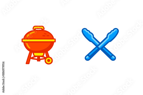 Fun barbecuing session with grill and utensils for cooking outdoors in summertime with friends and family gatherings