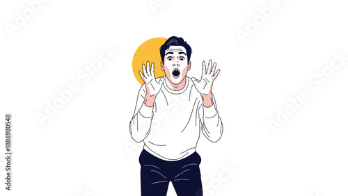 Shocked young man in a white sweatshirt raising his hands in surprise with his mouth open against a yellow circle backdrop.