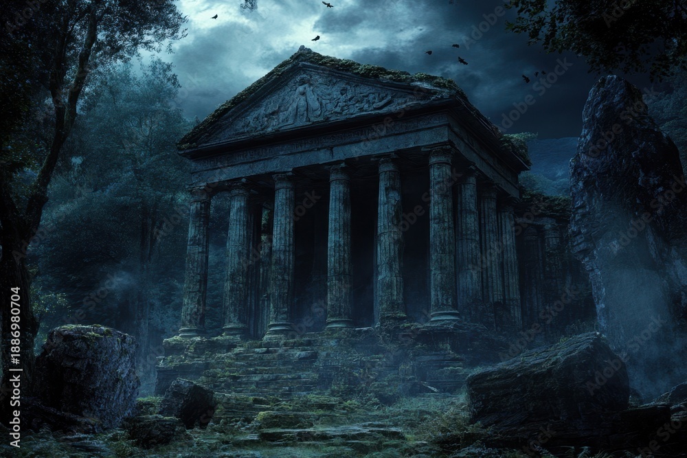 Naklejka premium Mysterious ancient temple surrounded by misty forest at twilight