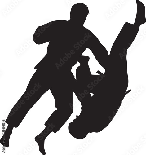 Martial Arts Athletes Silhouette Performing Judo Throw or Jiu-Jitsu Takedown Isolated on White Background
