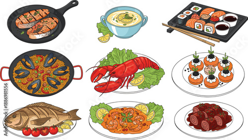 Seafood dish illustration set with lobster shrimp sushi fish paella soup and gourmet restaurant meals