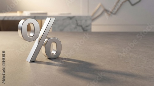interest rate symbol concept with metallic percentage sign, economic stability finance background with copy space