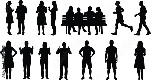 People silhouette set showing men and women standing walking sitting and talking poses isolated on white background for social lifestyle illustration design