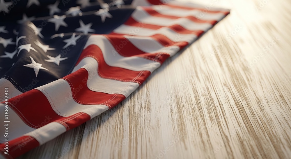 Fototapeta premium American flag resting on a rustic wooden background with warm light for Independence Day USA concept