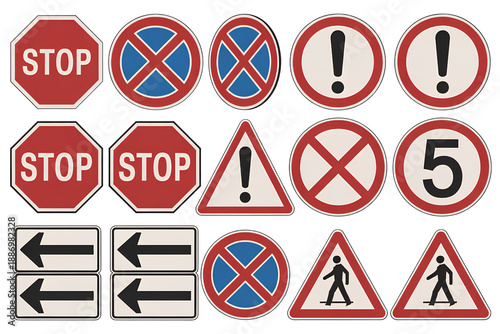 Collection of traffic and warning signs including stop, prohibition, danger, caution, speed limit and arrows