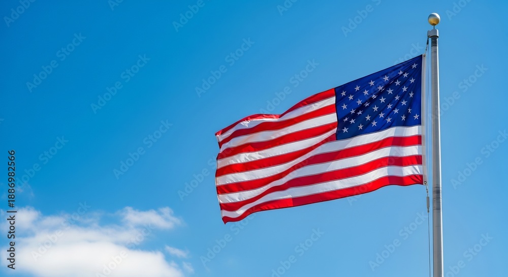 Obraz premium An American flag proudly waving on a tall pole against a bright blue sky, embodying the spirit of freedom and unity for an Independence Day USA concept