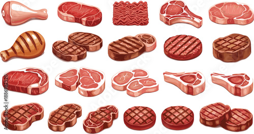 Raw and grilled meat steak illustration set showing beef pork lamb cuts for butcher shop culinary designs
