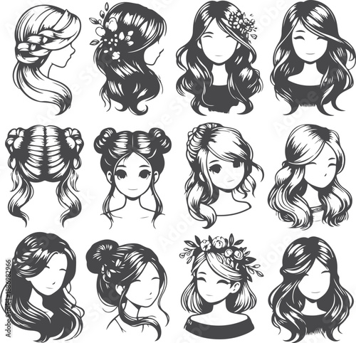 Manga Style Braids, Elegant Updos, and Cute Buns with Floral Hair Accessories