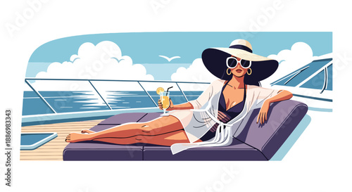 Vector illustration of a glamorous woman relaxing on a luxury yacht deck, enjoying premium summer vacation lifestyle with ocean breeze and stylish elegance in flat vector design