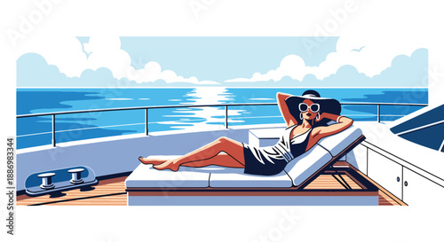 Vector illustration of a glamorous woman relaxing on a luxury yacht deck, enjoying premium summer vacation lifestyle with ocean breeze and stylish elegance in flat vector design
