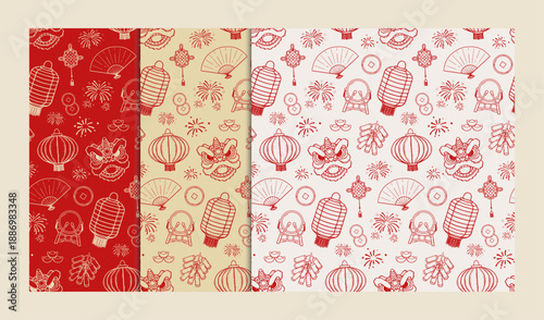 Hand-Drawn chinese new year seamless pattern set. Vector illustration pattern for background, wallpaper, wrapping or packaging.