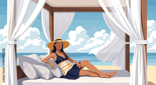 Vector illustration of an elegant woman sunbathing in a private beach cabana, expressing exclusive summer vacation and luxury resort lifestyle in flat vector style
