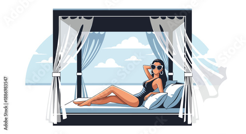 Vector illustration of an elegant woman sunbathing in a private beach cabana, expressing exclusive summer vacation and luxury resort lifestyle in flat vector style