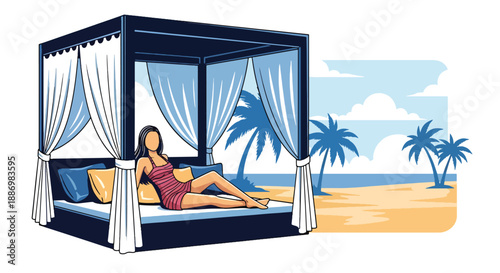Vector illustration of an elegant woman sunbathing in a private beach cabana, expressing exclusive summer vacation and luxury resort lifestyle in flat vector style