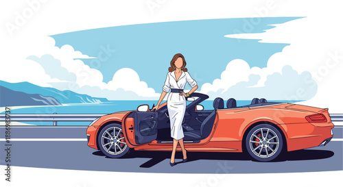 Vector illustration of a fashionable woman stepping from a luxury convertible car on a coastal road, capturing premium travel lifestyle and summer freedom in flat vector style