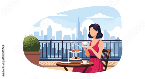 Vector illustration of a chic woman enjoying afternoon tea on a rooftop terrace with skyline view, reflecting luxury summer leisure and refined lifestyle in flat vector style