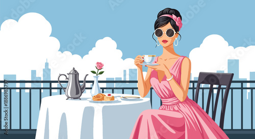 Vector illustration of a chic woman enjoying afternoon tea on a rooftop terrace with skyline view, reflecting luxury summer leisure and refined lifestyle in flat vector style