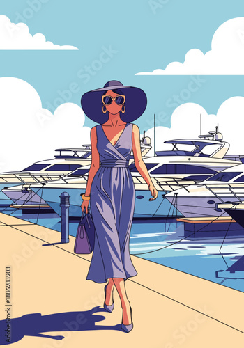 Vector illustration of a glamorous woman strolling along a marina promenade with luxury boats, expressing premium summer vacation mood in flat vector style