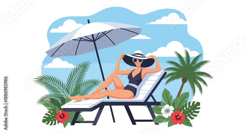 Vector illustration of a stylish woman relaxing on a sun lounger at a five-star resort, highlighting luxury summer relaxation in flat vector style