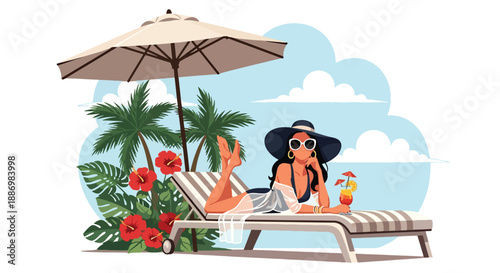 Vector illustration of a stylish woman relaxing on a sun lounger at a five-star resort, highlighting luxury summer relaxation in flat vector style