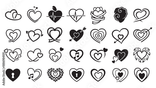 Black heart icons set 30 expressive love and romance symbols