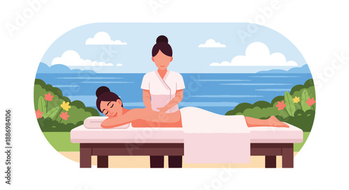 Vector illustration of a woman enjoying outdoor spa treatment with ocean view, symbolizing premium wellness and luxury summer lifestyle in flat vector style