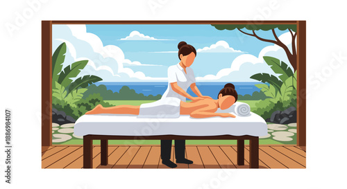Vector illustration of a woman enjoying outdoor spa treatment with ocean view, symbolizing premium wellness and luxury summer lifestyle in flat vector style