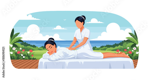 Vector illustration of a woman enjoying outdoor spa treatment with ocean view, symbolizing premium wellness and luxury summer lifestyle in flat vector style