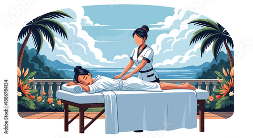 Vector illustration of a woman enjoying outdoor spa treatment with ocean view, symbolizing premium wellness and luxury summer lifestyle in flat vector style