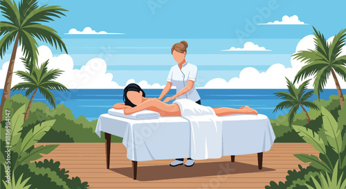 Vector illustration of a woman enjoying outdoor spa treatment with ocean view, symbolizing premium wellness and luxury summer lifestyle in flat vector style