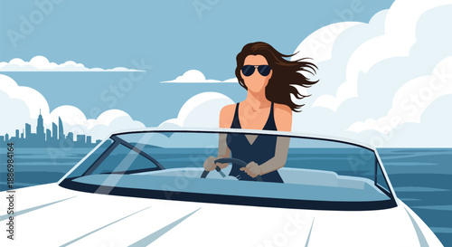 Vector illustration of a stylish woman enjoying a private boat ride on open sea, representing freedom and luxury summer adventure in flat vector style