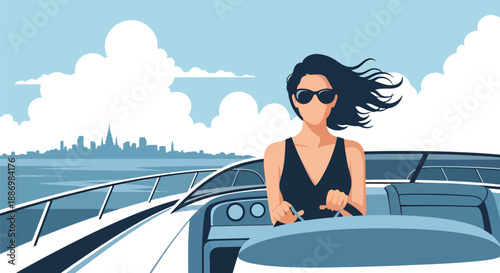 Vector illustration of a stylish woman enjoying a private boat ride on open sea, representing freedom and luxury summer adventure in flat vector style