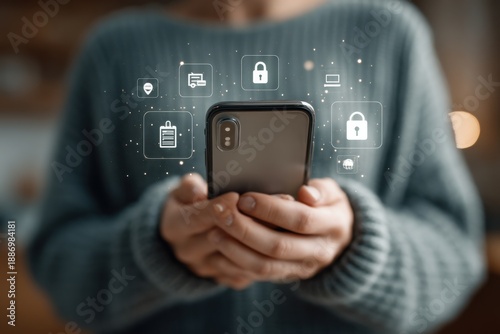 User holds smartphone as security icons hover around, illustrating digital privacy and data protection
