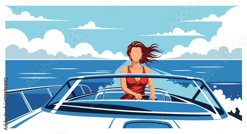 Vector illustration of a stylish woman enjoying a private boat ride on open sea, representing freedom and luxury summer adventure in flat vector style