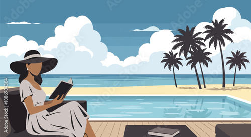 Vector illustration of a stylish woman reading on a private villa terrace with infinity pool, symbolizing calm luxury summer leisure in flat vector style