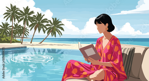 Vector illustration of a stylish woman reading on a private villa terrace with infinity pool, symbolizing calm luxury summer leisure in flat vector style