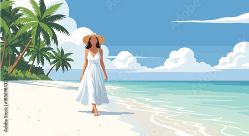 Vector illustration of a glamorous woman walking on a private island shore, expressing exclusive summer travel and luxury lifestyle in flat vector style