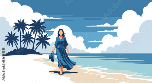 Vector illustration of a glamorous woman walking on a private island shore, expressing exclusive summer travel and luxury lifestyle in flat vector style