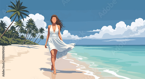 Vector illustration of a glamorous woman walking on a private island shore, expressing exclusive summer travel and luxury lifestyle in flat vector style