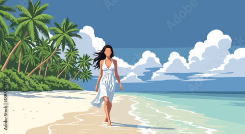 Vector illustration of a glamorous woman walking on a private island shore, expressing exclusive summer travel and luxury lifestyle in flat vector style
