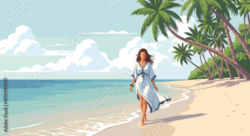 Vector illustration of a glamorous woman walking on a private island shore, expressing exclusive summer travel and luxury lifestyle in flat vector style