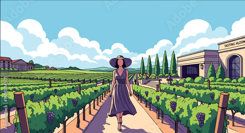 Vector illustration of a chic woman walking through a vineyard resort in summer, blending luxury travel with countryside elegance in flat vector style