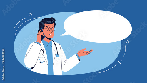 Friendly male doctor in a white coat talking on his mobile phone and gesturing with his hand on a blue background.