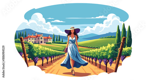 Vector illustration of a chic woman walking through a vineyard resort in summer, blending luxury travel with countryside elegance in flat vector style