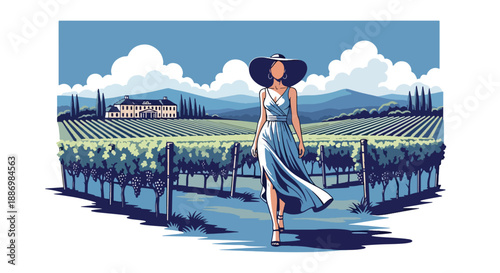Vector illustration of a chic woman walking through a vineyard resort in summer, blending luxury travel with countryside elegance in flat vector style