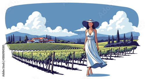 Vector illustration of a chic woman walking through a vineyard resort in summer, blending luxury travel with countryside elegance in flat vector style