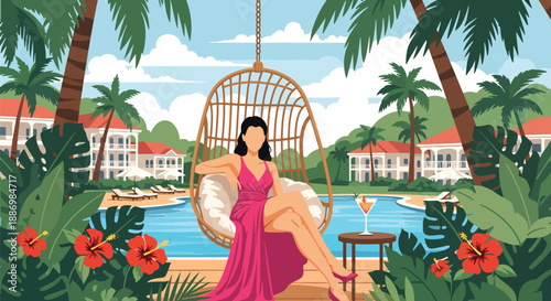 Vector illustration of a woman relaxing in a hanging chair at a luxury resort, expressing calm and exclusive summer leisure in flat vector style