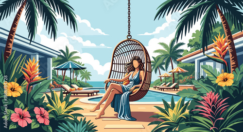 Vector illustration of a woman relaxing in a hanging chair at a luxury resort, expressing calm and exclusive summer leisure in flat vector style